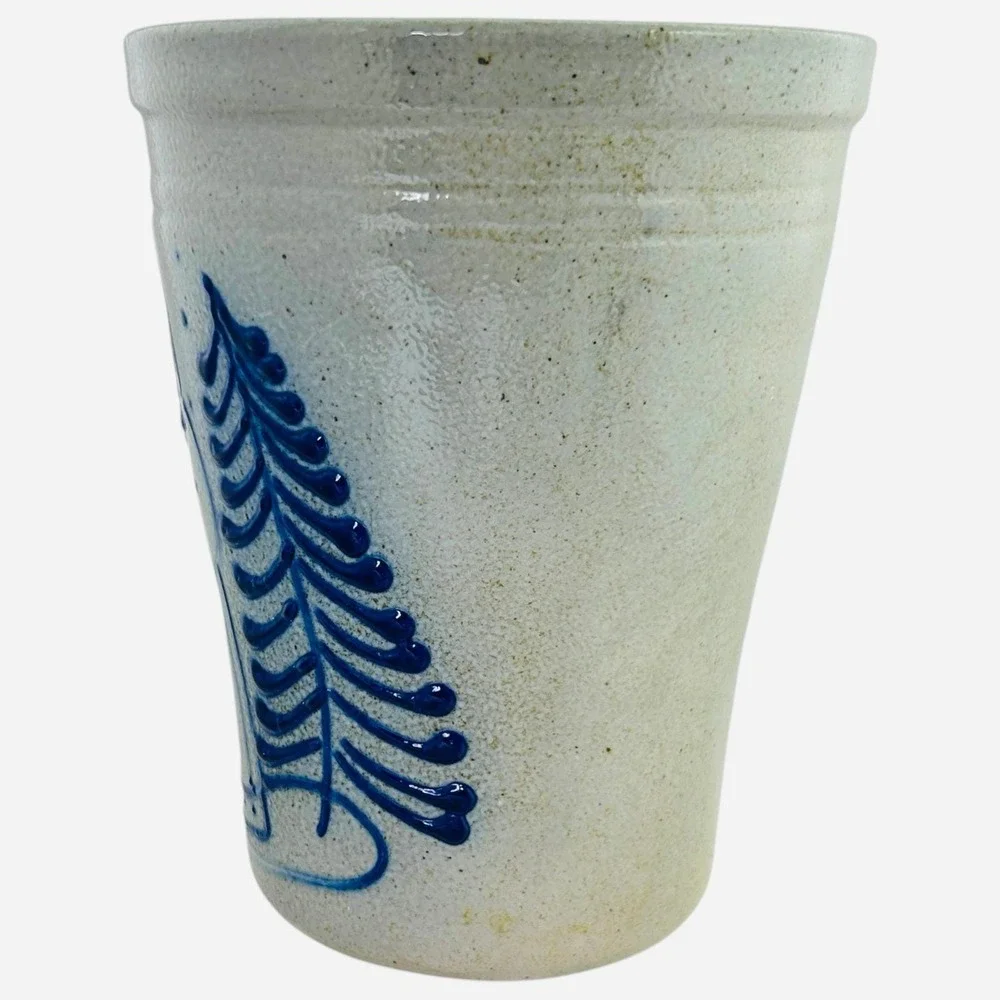 David Eldreth Pottery Santa Salt Glaze Crock Grey Blue Folk Art Vase 1989